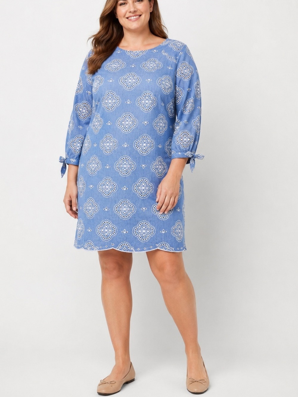 NWT Talbots Plus 20W Blue Eyelet Embroidered Cotton Shift Dress Lined Midi - Picture 1 of 8